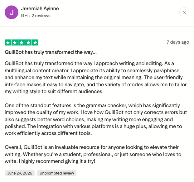 QuillBot's review on Captera